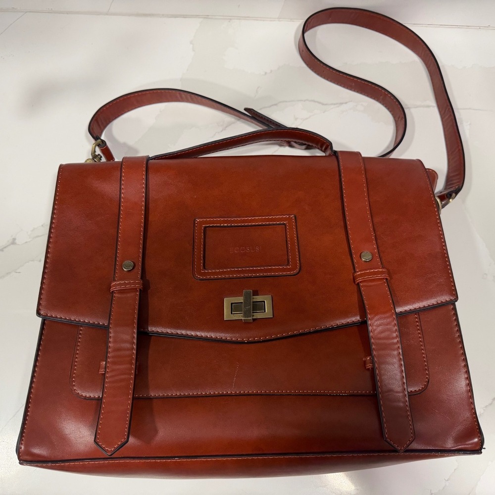 Ecosusi Brown Vegan Leather Briefcase Messenger Laptop Bag Vintage Satchel